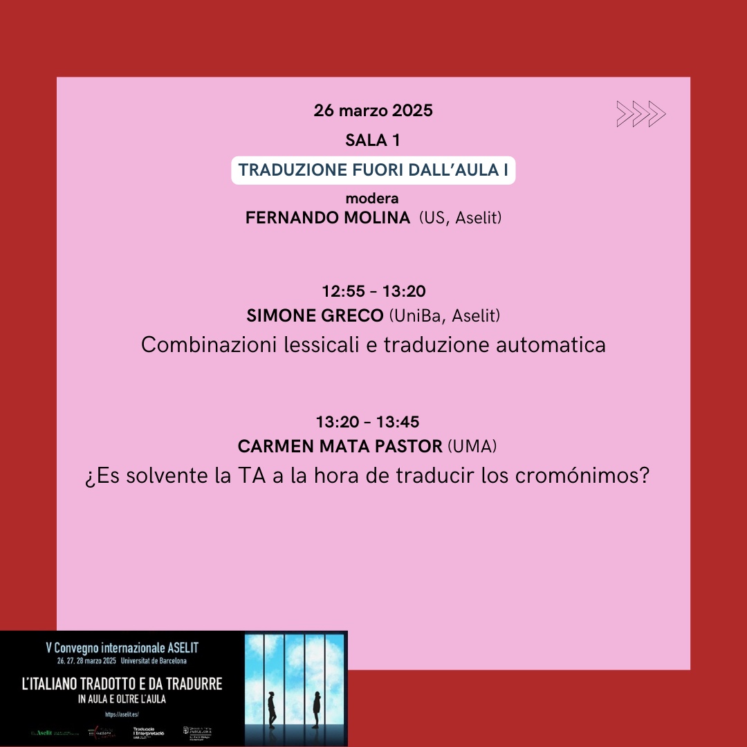 Aselit5's tweet photo. 🔶 Il secondo blocco del 26 marzo includerà due sessioni sulla traduzione fuori dall'aula e una sugli studi linguistici.
🔗 Per info sul programma: https://t.co/3FagzTw03c
#siamoaselit #convegnoaselit5 #italianistica #filologíaitaliana #traduzioneita https://t.co/TIQ25OOHEz