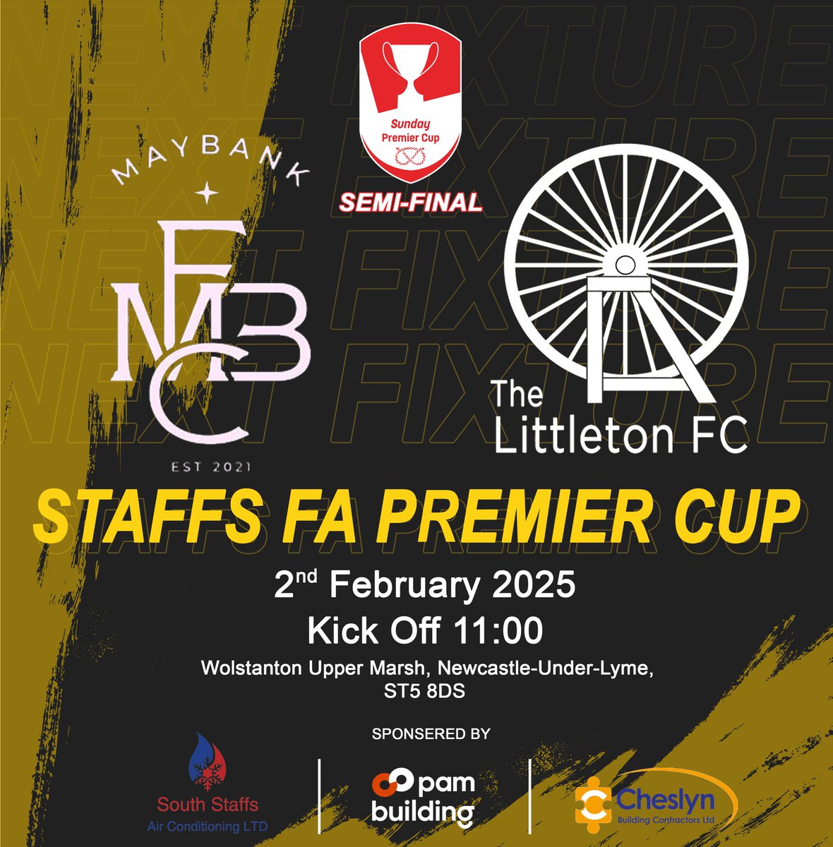 This Sunday is Staffs FA Premier Cup Semi-Final Sunday! We travel to Newcastle Under-Lyme to face FC Maybank for a place in the cup final! Don’t come much bigger than this!