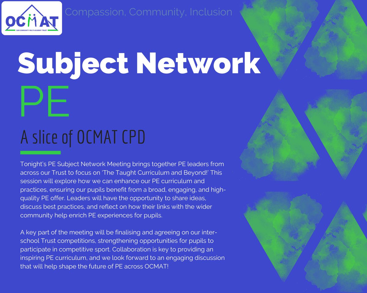 PE Subject Network Meeting
This afternoon, PE leaders from across OCMAT are coming together to discuss ‘The Taught Curriculum &amp; Beyond!’

We’ll be sharing ideas on enhancing PE, strengthening community links, and finalising inter-school Trust competitions. Exciting talks ahead!
