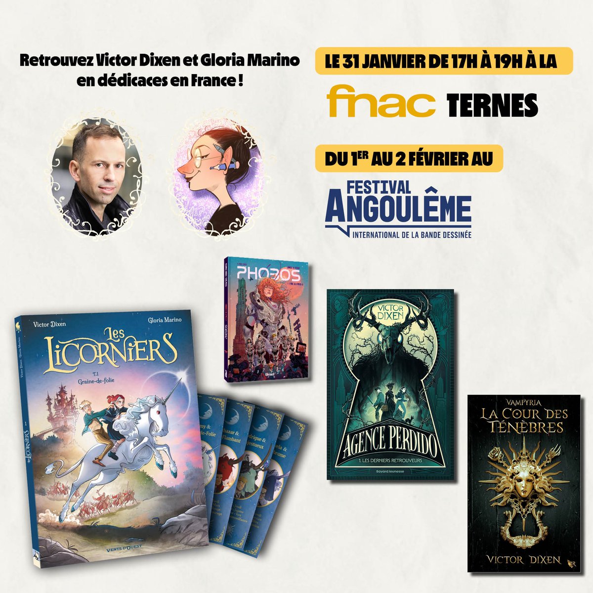 📅 Fnac Ternes Paris - 31 janvier de 17h à 19h.

📅 Librairie de la Cité de la BD - 1er février de 15h30 à 17h30.

📅 Stand Glénat Angoulême - 2 février de 13h à 15h.

🎨 Gloria fera une dédicace dessinée pour chaque album « Les Licorniers ».

✍️ J’y signerai aussi mes romans.