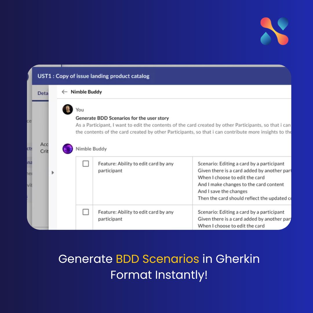 nimbleworkinc's tweet image. Nimble turns your user stories into structured BDD scenarios in Gherkin format with just a few clicks. Streamline collaboration between technical and non-technical teams with automated, clear, and actionable scenarios.

 #BDD #GherkinFormat #TeamAlignment