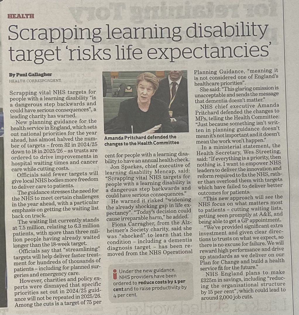 beccy_pile's tweet photo. Terrifying. The health of people with learning disabilities is already woefully under prioritised. A very strong message about those who matter &amp; those who can be easily sidelined. ‘If everything is a priority then nothing is’ 
@wesstreeting we hear you, not a priority then 😢😡 https://t.co/ULNrJxeeLo