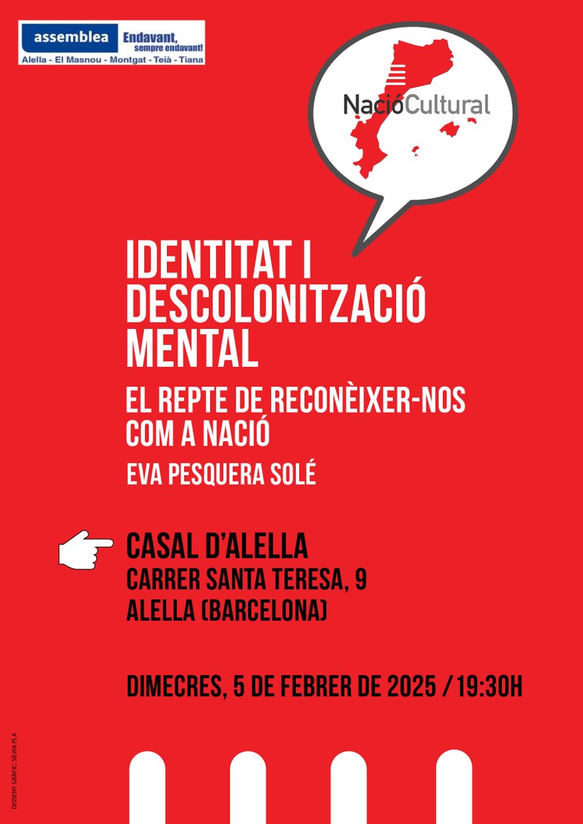 El proper dia 5 de febrer a les 19,30 tenim una interessant xerrada amb Eva Pesquera al Casal d'Alella. 
Ens parlarà entre altres coses sobre com veu ella la identitat Catalana i com desconnectar-nos dels prejudicis que molts tenim i que ens fan no defensar prou la nostra llengua