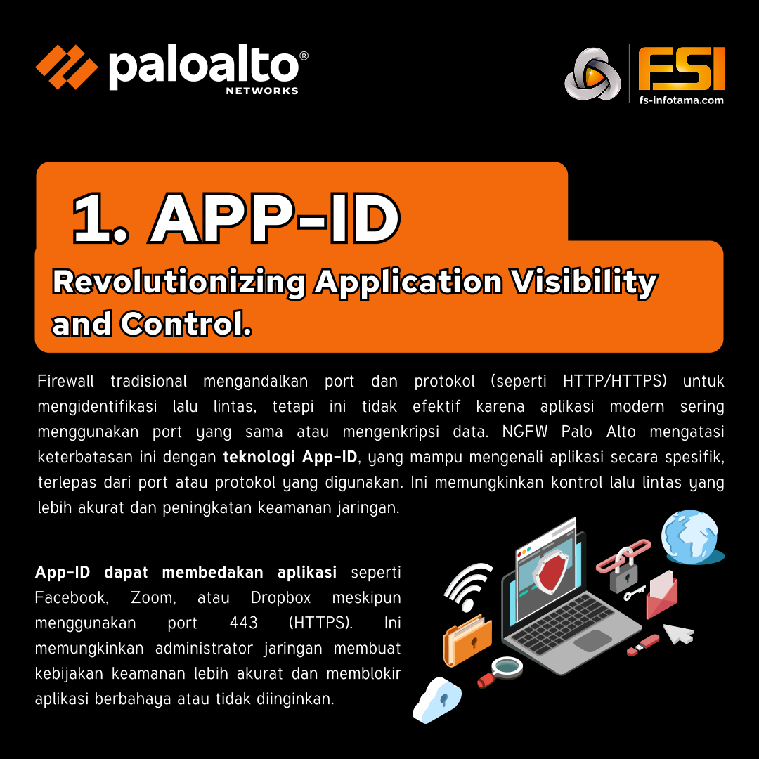 fsinfotama's tweet image. App-ID mengenali aplikasi terlepas dari port atau protokol, User-ID mengaitkan lalu lintas dengan pengguna tertentu, dan Threat Prevention seperti WildFire mendeteksi ancaman canggih secara proaktif. 

#FirewallModern #KeamananSiber #AppID #UserID #ThreatPrevention