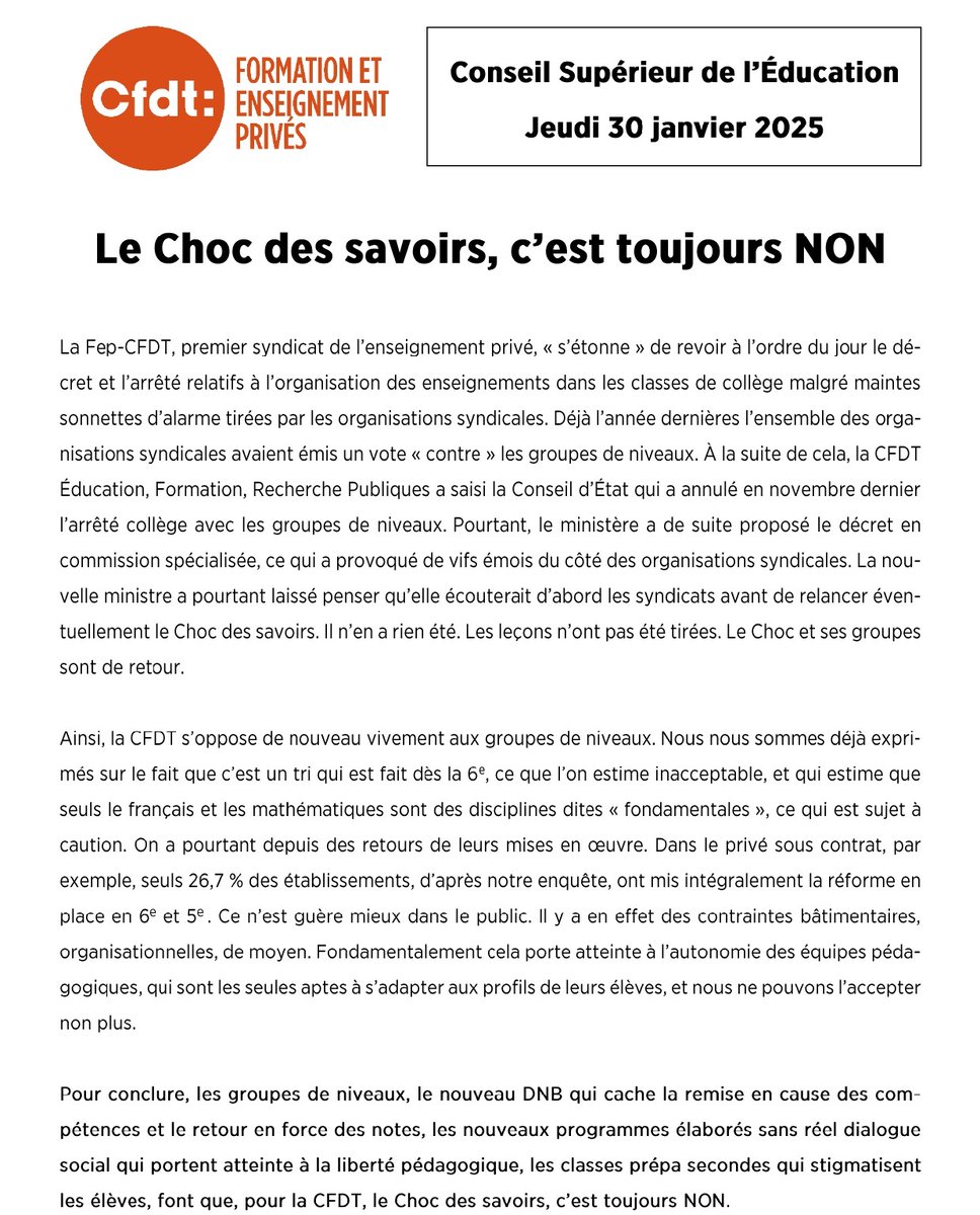 [POUR LA CFDT, LE CHOC DES SAVOIRS, C'EST TOUJOURS NON!]
NON aux groupes de niveaux, au nouveau DNB qui remet en cause les compétences, aux nouveaux programmes élaborés sans réel dialogue social, aux atteintes à la liberté pédagogique
<a href="/cafepedagogique/">Le café pédagogique</a> <a href="/ToutEduc/">ToutEduc</a> <a href="/AEFeduc/">AEF Enseignement scolaire</a> <a href="/CFDTefrp/">CFDT Éducation Formation Recherche Publiques</a>