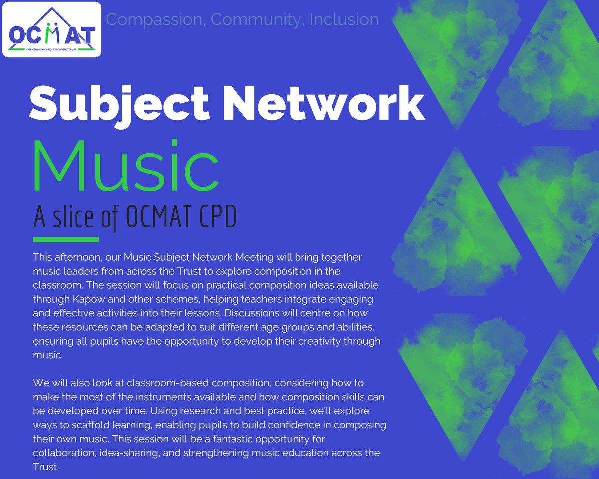 🎶 Music Subject Network Meeting 🎶

This afternoon, OCMAT music leaders are exploring composition in the classroom, with ideas from Kapow and other schemes. We'll also discuss how to develop composition skills using classroom instruments and best practice research. 🎼✨
#music