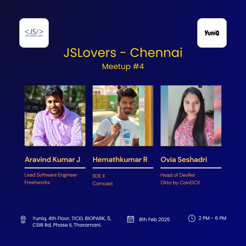 Vanakkam Chennai Devs 🙏🙏🙏

Get ready for the 1st meetup of the year 2025 and the 4th meetup of <a href="/jslovers_del/">JSLovers</a>  Chennai on Feb 8th at <a href="/Tekclan4/">@YuniQ</a>  from 2 PM - 6 PM 🥳🥳

🎟️ If you haven't registered yet, register here: lu.ma/lkbhe6ep 

Here's a glimpse of the amazing