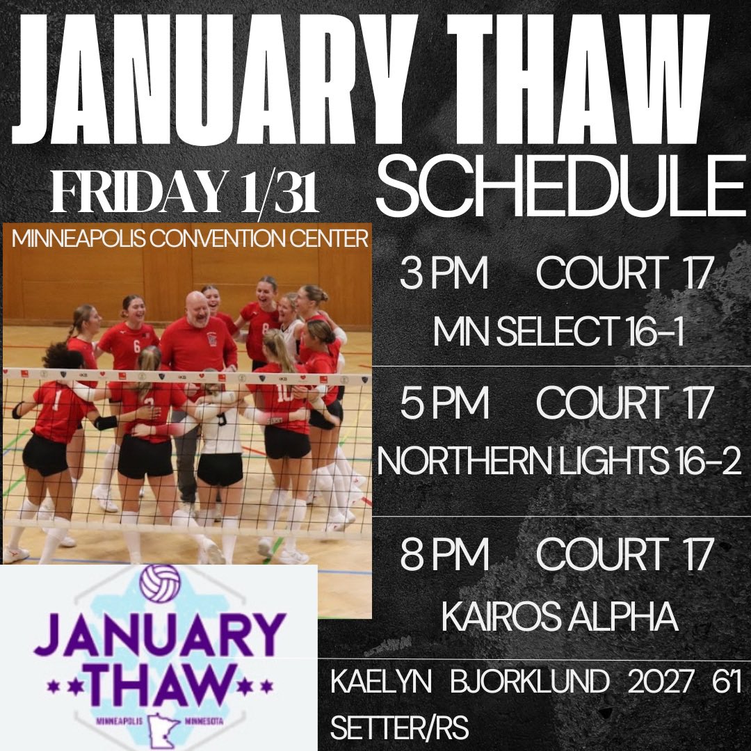 Kaelyn Bjorklund (@kaelynbjorklund) on Twitter photo Here is my Northern Lights 16-1 teams schedule for day 1 of the January Thaw! come check us out on court 17!! <a href="/PrepDigMN/">Prep Dig Minnesota</a> <a href="/PrepDig/">Prep Dig ๐</a> <a href="/LSHS_VB/">Lakeville South Volleyball</a> Here is my Northern Lights 16-1 teams schedule for day 1 of the January Thaw! come check us out on court 17!! <a href="/PrepDigMN/">Prep Dig Minnesota</a> <a href="/PrepDig/">Prep Dig ๐</a> <a href="/LSHS_VB/">Lakeville South Volleyball</a>