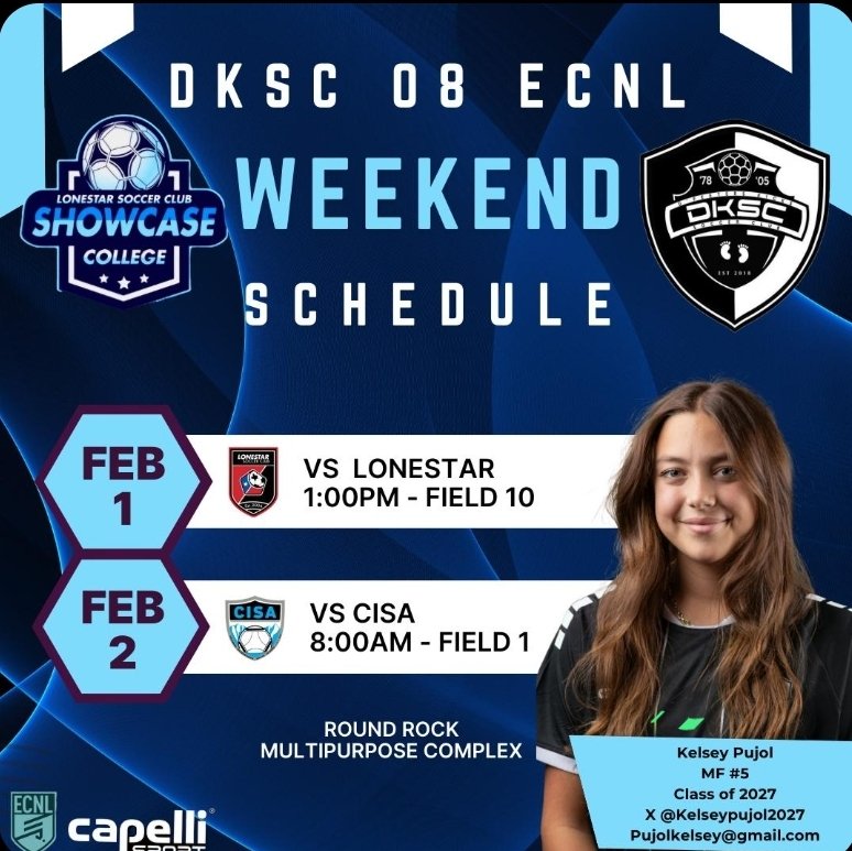 Kelsey Pujol (@kelseypujol2027) on Twitter photo On the road again this weekend!!! Hope to see you in Austin 🤠👢
<a href="/dksc_08_ECNL/">DKSC 07/08g ECNL</a> <a href="/JorgeHervert8/">Jorge Hervert</a> <a href="/CollegeSoccerID/">College Soccer ID</a> <a href="/ImYouthSoccer/">ECNL/GA/Recruiting/College Soccer</a> On the road again this weekend!!! Hope to see you in Austin 🤠👢
<a href="/dksc_08_ECNL/">DKSC 07/08g ECNL</a> <a href="/JorgeHervert8/">Jorge Hervert</a> <a href="/CollegeSoccerID/">College Soccer ID</a> <a href="/ImYouthSoccer/">ECNL/GA/Recruiting/College Soccer</a>