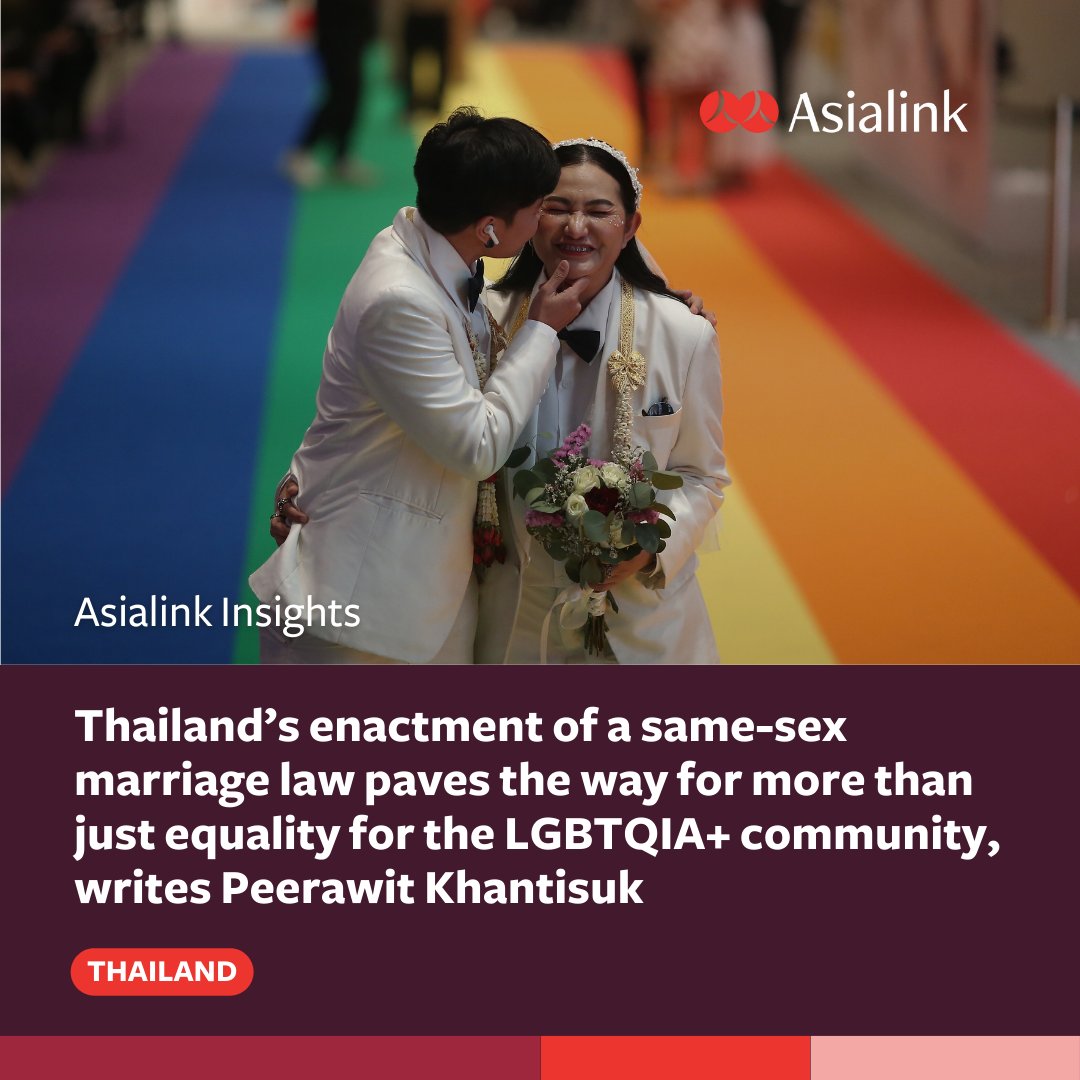 Asialink_au's tweet photo. #AsialinkInsights | 🌈 Thailand carved a place in history on January 23, when LGBTQIA+ couples across the nation began to be able to register their marriage, will it spur new economic opportunities for Thailand?
Read more: https://t.co/bZjU9JLxRa
#thailand #marriageequality https://t.co/7ZRfDu8IcI