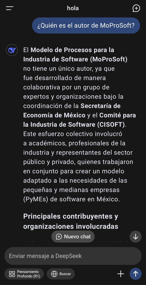 garicorp's tweet image. Mire @hannaoktaba al menos #DeepSeek no dice mentiras cuando le pregunté por el autor de #MoProSoft