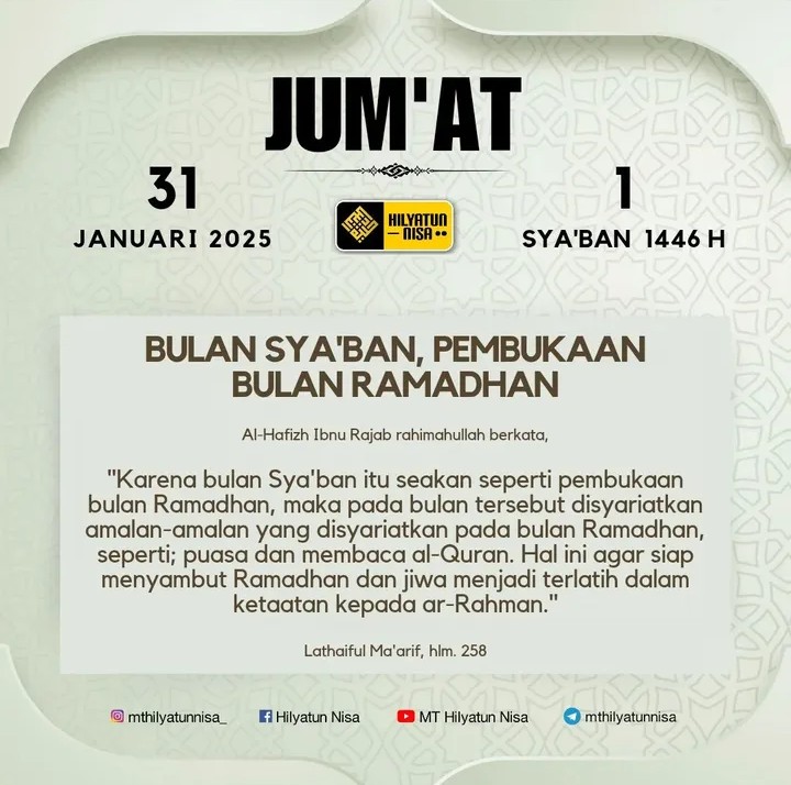 Bismilahirrohmaanirrohiim Assalamu'alaikum Warohmatullah Wabarokatuh 
Waktu Jum'at Jakarta dan Sekenanya1Sya'ban 1446H Pukul 12:08 WIB Utamakanlah #AWAL WAKTU DIMASJID DUHAI IKHWAN
#Tuma'ninah😊
#Shodaqoh 💰
#TaruhHP/Off 🔕
#Alkahfi📖
#Sami'naWaatho'na😊