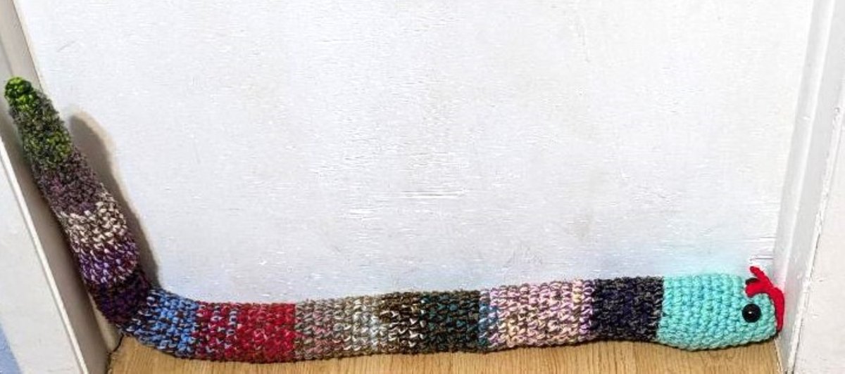My Crochet Today. Door Draft Blocker Snake. Great to keep cold out in Winter and the AC in for the Summer. Use year round! Wash &amp; dry too!  (actually forgot to post it yesterday)  debbiecrochets.etsy.com/listing/185301…