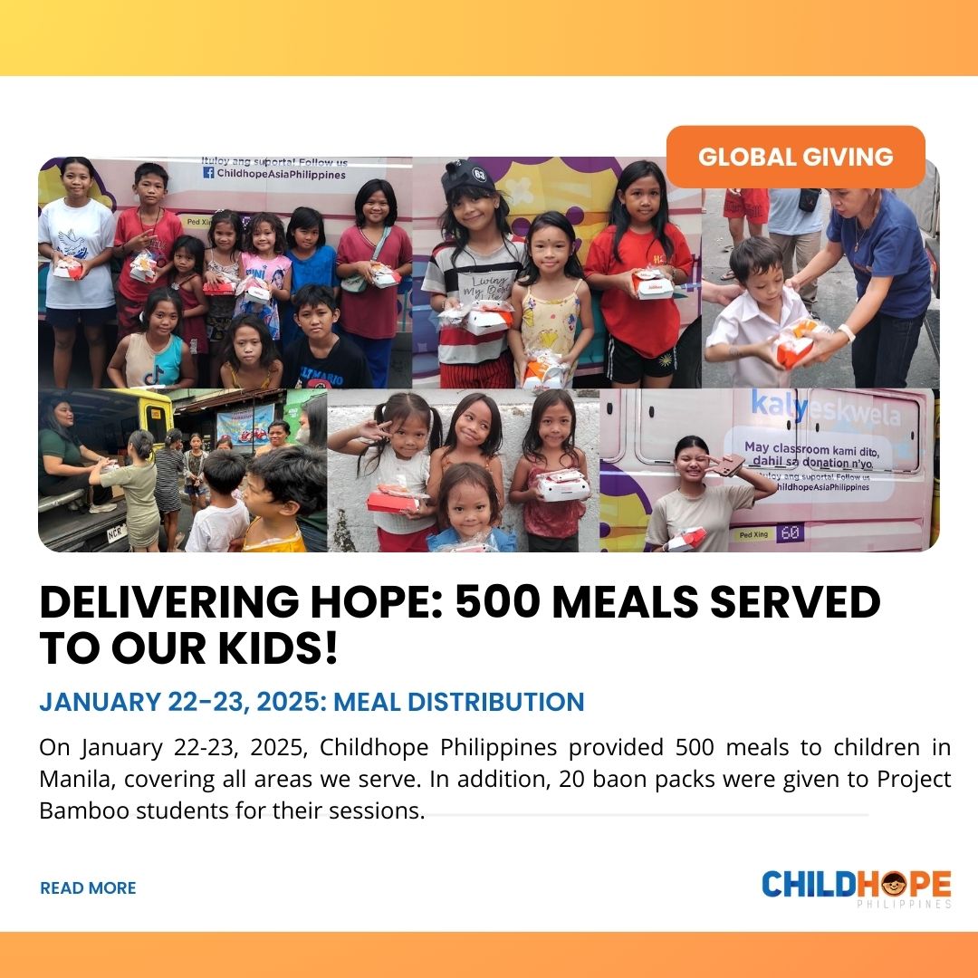 🌟 Delivering Hope: 500 Meals Served to Our Kids! 🌟

On January 22-23, 2025, we proudly provided 500 meals to the kids across all our program areas. 🍽️

Read More Here: lnkd.in/gVw8X_M6

#ChildhopePH #IGiveHope #CaringHealingTeaching