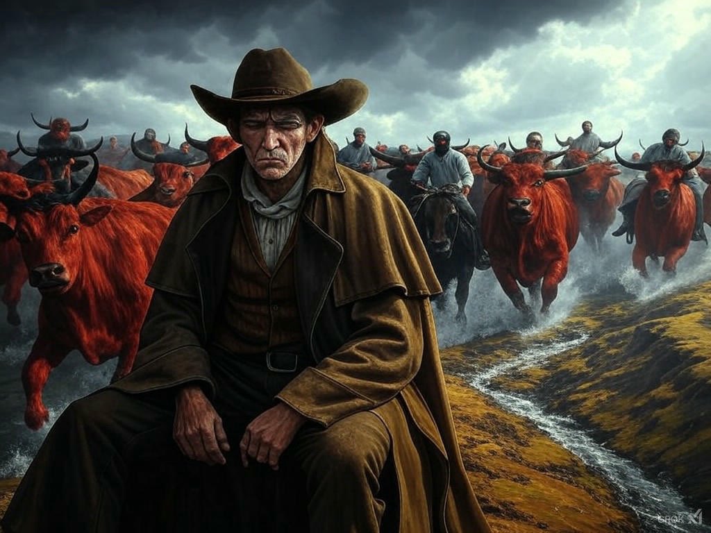 c65db's tweet image. A thought struck me while listening to Ghost Riders in the Sky. I considered how AI would interpret the lyrics and asked Grok to create a painting based on the song. This is the result. I think it&apos;s quite impressive.