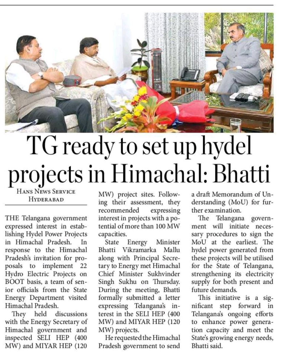 TGRising's tweet photo. #Telangana plans to develop hydel projects in Himachal Pradesh: Deputy CM @Bhatti_Mallu #TelanganaRising #hydelproject #HimachalPradesh #telanganaprajaprabhutwam https://t.co/u7KooRjq0a