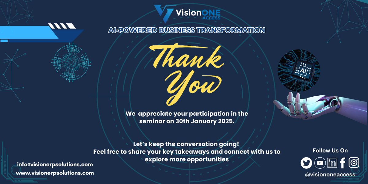 visiononeaccess's tweet photo. Thank You for Joining Us!
We appreciate your participation in the AI-Powered Business Transformation Seminar on Jan 30, 2025!

Let’s keep the conversation going—share your key takeaways and connect with us for more.

📩 info@visionerpsolutions.com
🌐 https://t.co/rB7I463xdZ https://t.co/F9XHTTFYS5