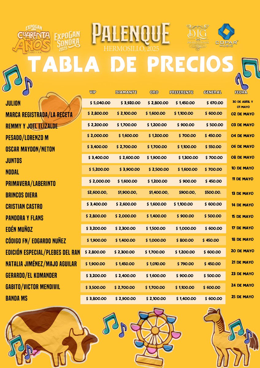 ¡¡¡POR FIN LLEGÓ EL DÍA!!!🤠
✨Cartelera del Palenque de la Expogan Sonora 2025🎶

🗓️Del 30 de Abril al 25 de Mayo

🔴BOLETOS YA LA VENTA

Adquiere tus boletos 🎟️En línea por Boletito.com

-Puntos de venta físico:

🌵 Hermosillo:
🔴La Onda Latina 
🔴 Hotel Araiza