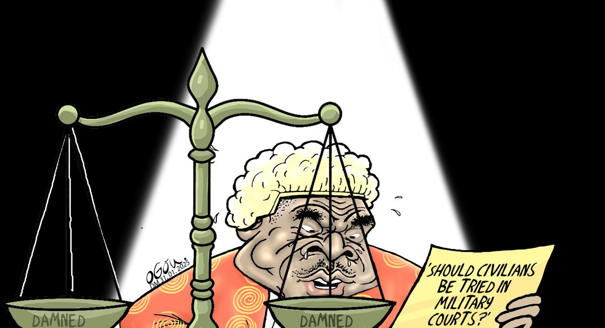 DailyMonitor's tweet photo. The Supreme Court will today deliver its judgment on the constitutionality of civilians being tried in military courts. #MonitorToon #MonitorUpdates https://t.co/dIzepMW1dh