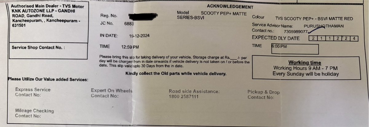 GOVINindia's tweet photo. @tvsmotorcompany how long it will take to service. Such a worst customer service with authorised service centre KNK auto zone at Kanchipuram. IN date is 19/12/2024 https://t.co/7IdpFlWI3h