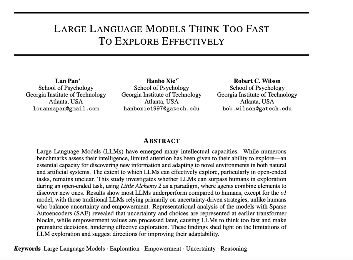 _akhaliq's tweet photo. Large Language Models Think Too Fast To Explore Effectively https://t.co/CXCi9PgCXG