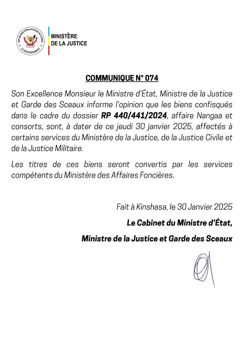 IsraelMukak09's tweet photo. #RDC: 🛑Urgent | “les biens [Nangaa] confisqués dans le cadre du dossier RP 440/441/2024, affaire Nangaa et consorts, sont, à dater de ce jeudi 30 janvier 2025, affectés à certains services du Ministère de la Justice, de la Justice Civile et de la Justice Militaire” https://t.co/PM6v9tHvDs