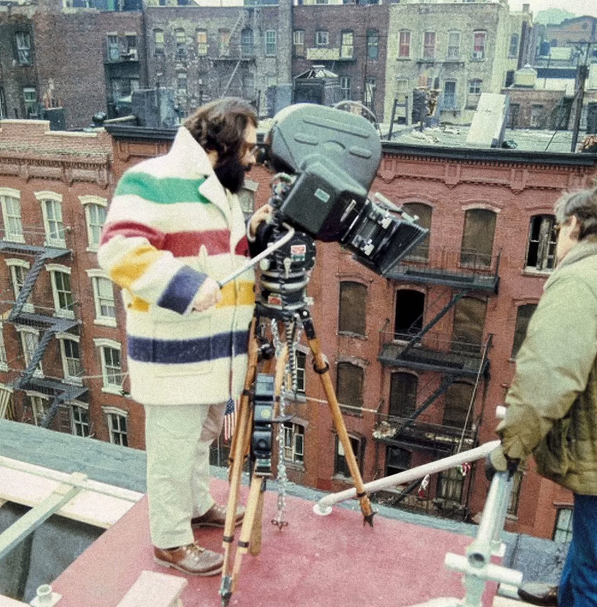Francis Ford Coppola wearing a Hudson’s Bay Wool coat while filming ‘The Godfather Part II’ in 1974