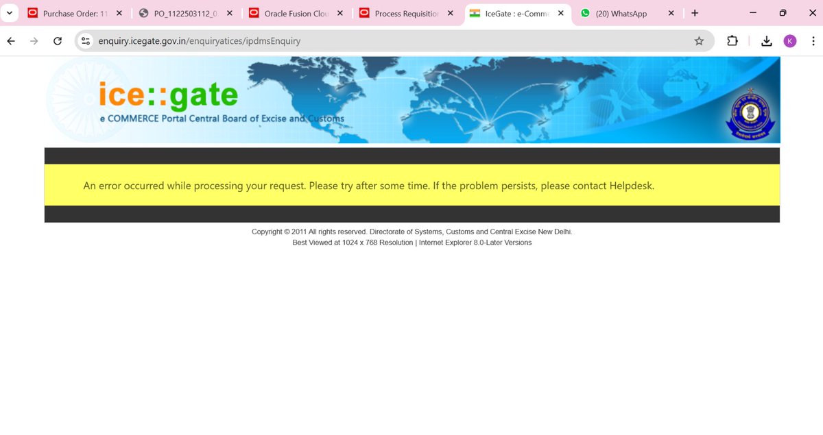 kuldeep10286's tweet photo. @cbic_india Dear Sir,
IDPMS enquiry portal is not working and my BOE is not showing in IDPMS portal.Kindly resolve the issue.
Regards,
Kuldeep https://t.co/ArCJpTC11h