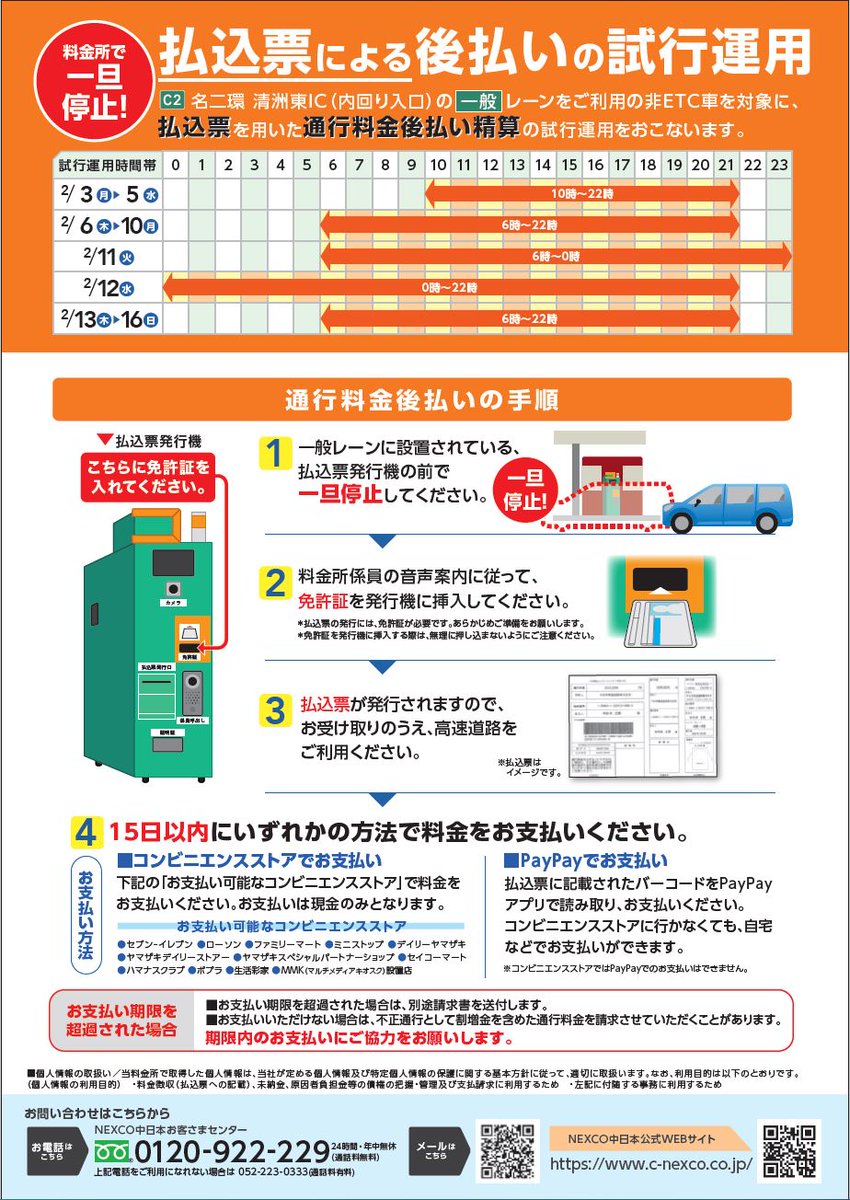いやさか 追加料金お支払い用ページ ETC専用化 推進中】 名二環清州東（内回り）料金所で通行料金後払い