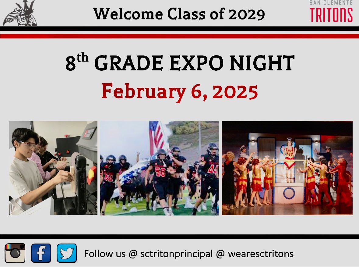 SCHSTritons's tweet photo. Our annual 8th Grade Expo is one week from today on Thursday, February 6th! Come see what makes us great &amp; the 25th ranked overall athletic program in the entire State of CA - only OC public school to make annual Niche list! Our connections run deep! We are One Town-One Team!🎓🏆 https://t.co/HykV461B5I