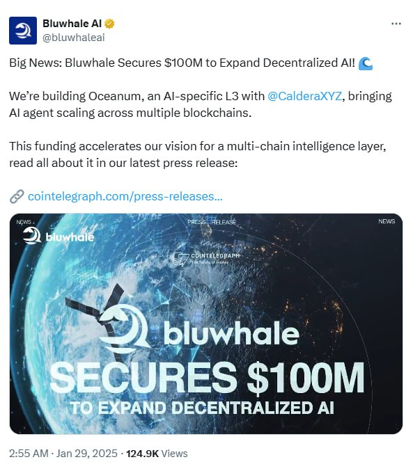SepowerGroup's tweet image. 🚀 @bluwhaleai  just secured a massive $100M investment! Now, they’re supercharging the development of Oceanum, an AI-powered Layer 3 solution.  

With TikTok AI leads &amp;amp; Stanford/Berkeley ML experts, $BLUAI is building the fastest-growing AI layer.

$ALPHA $MOCHI $ICE $VVV $ONDO