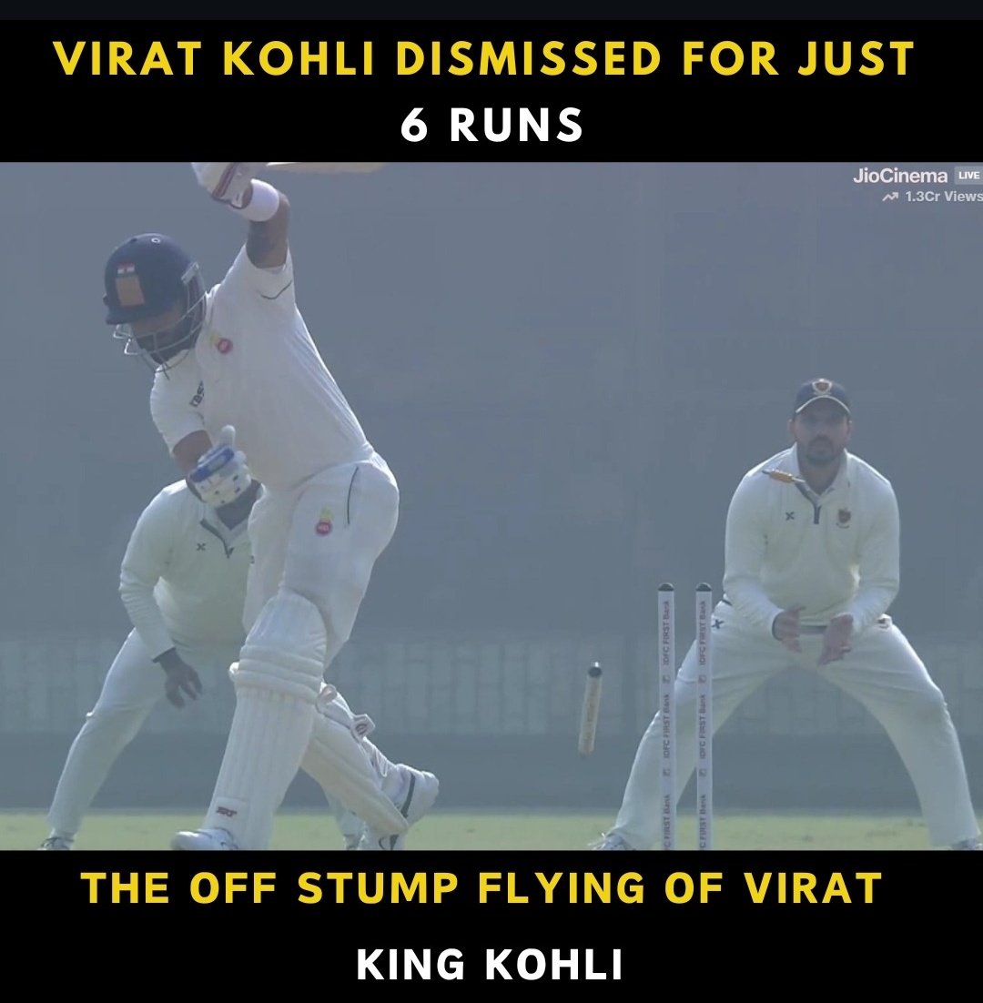 rasukhan130's tweet photo. Virat Kohli dismissed for just 6 runs 💔

#ViratKohli #RanjiTrophy https://t.co/6L0bWwZYgz