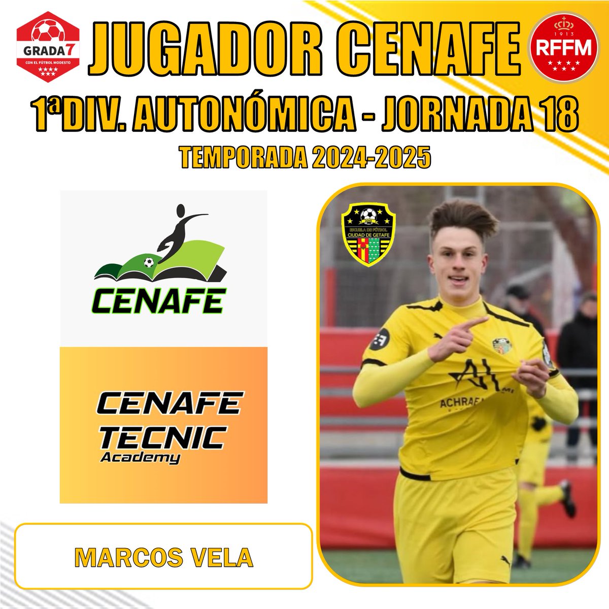 GradaSiete7's tweet photo. 🏆1aDIV. AUTONÓMICA
⭐JUGADOR CENAFE JORNADA 18

Marcos Vela, jugador de @CiudadGetafeCF 🟡⚫, es el JUGADOR CENAFE ⭐ de la jornada 18 de Primera División Autonómica.

Su hattrick y liderazgo en la victoria de su equipo frente al segundo clasificado, le hacen valedor del premio semanal.

Cómo ganador recibirá un entrenamiento personalizado cortesía de nuestro colaborador @CenafeEscuelas @CenafeTecnic 

ENHORABUENA MARCOS 👏👏👏