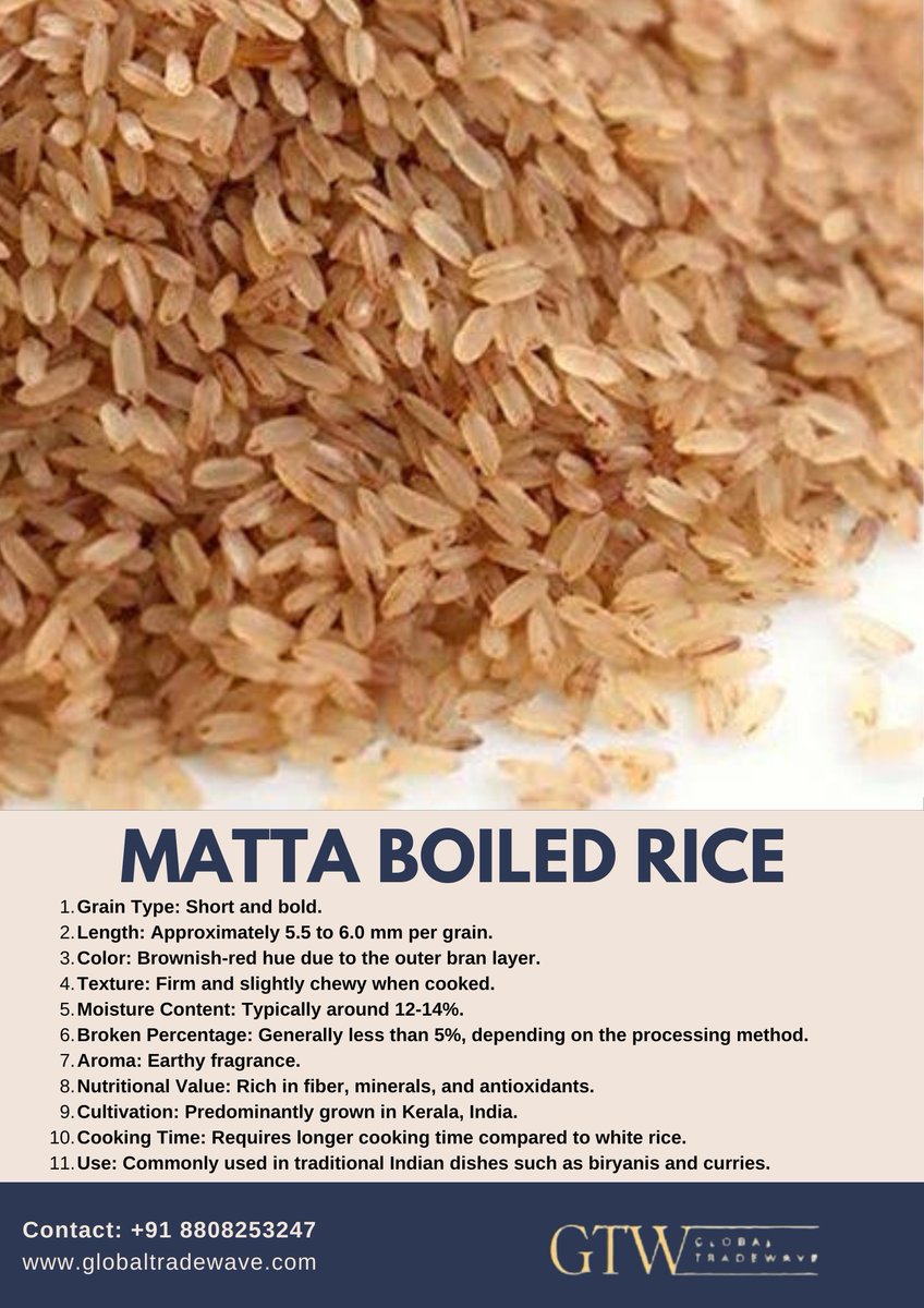 GlobalTradewave's tweet photo. Discover the rich flavor and unique texture of Matta rice, a short-grain variety known for its distinct reddish-brown hue and high nutritional value. Sourced directly from India, our premium Matta rice is available for export worldwide. Contact us today.
📞📱 +91 88082 53244 https://t.co/jHot9y1OA8