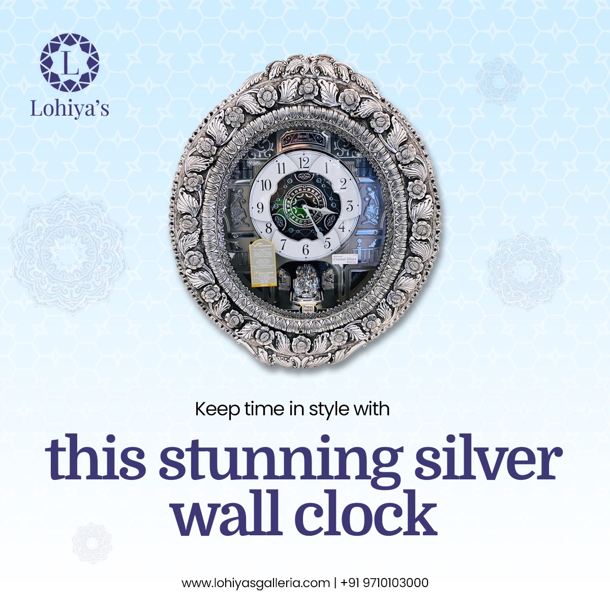 LohiyasG's tweet image. Timeless elegance meets exquisite craftsmanship! ⏳✨ Adorn your space with this stunning silver wall clock and make every moment s#clockcollection 

For pricing and more information connect +91 97101 03000

#silverclock #wallclockdecor #homedecor #timelessdesign #luxuryinteriors