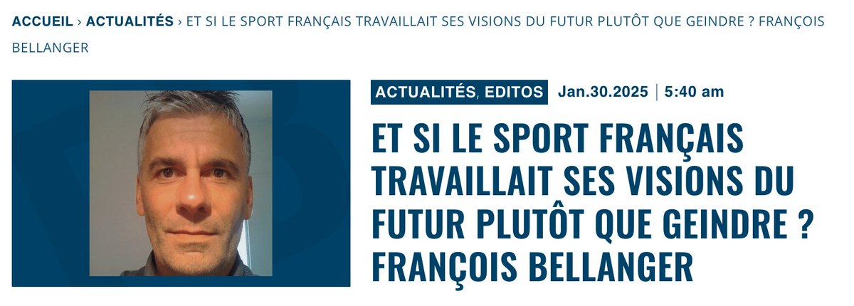 Et si le sport Français travaillait ses visions du futur plutôt que geindre ? François Bellanger <a href="/transitcit/">BELLANGER/F</a> 

Le point commun de ces deux discours - le pleurnichard ("il nous fait des sous") comme le bravache ("avec les J.O, tout le monde va devenir sportif") - est qu'ils sont