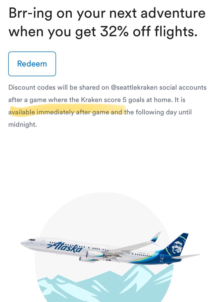 DemarginalizeUS's tweet photo. @GoDawgs999 @SeattleKraken @AlaskaAir Not 100%, but the site says it’s available after the game https://t.co/yPg5ec3fav