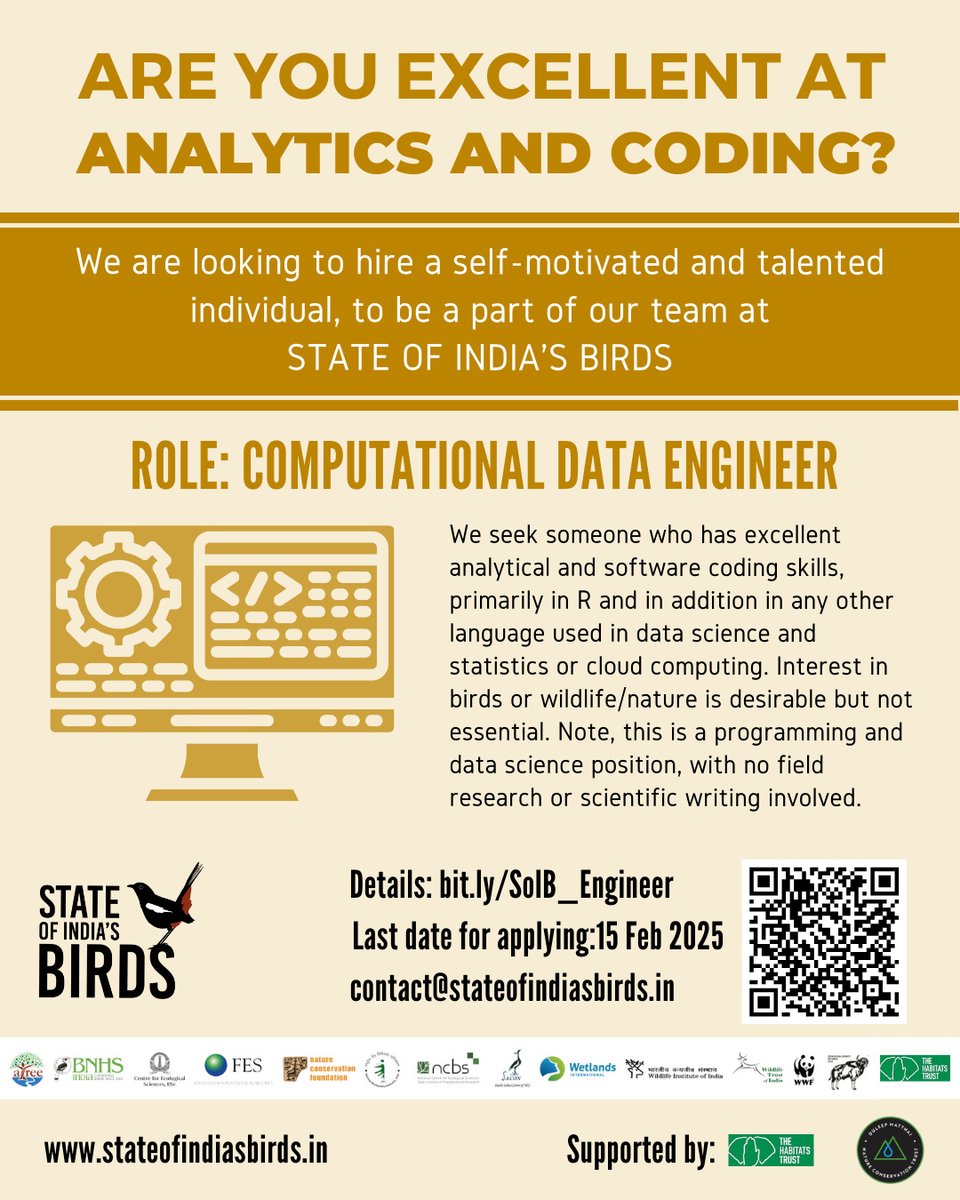 Job opportunity with State of India's Birds

The SoIB partnership (stateofindiasbirds.in) is looking to hire a Computational Data Engineer.

For details: ncf-india.org/collaborations…

#Jobs #Bengaluru