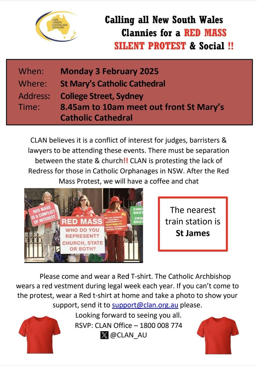 CLAN_AU's tweet photo. NSW Clannies #RedMass protest is on Monday
@ChrisMinnsMP @hugh_mcdermott @michaeldaleyMP @PennySharpemlc
Long overdue for NSW to establish #Redress
Churches Charities Govts must be accountable for damage
#RoyalCommission
#NSWpol
@smh https://t.co/6w3XevW3yR