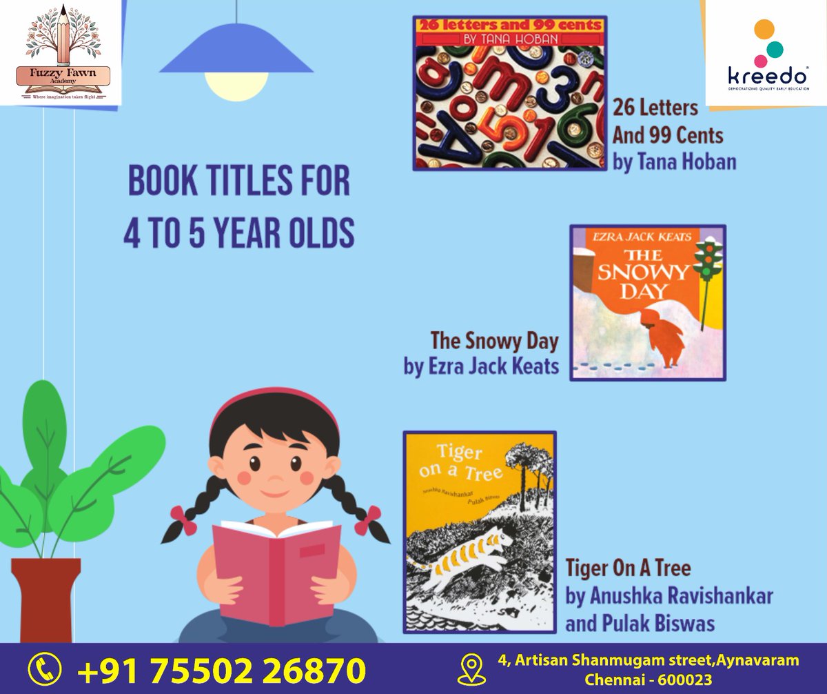 FuzzyFawn's tweet photo. 📚 Best Books for 4 to 5-Year-Olds! 📖✨
Spark your child’s imagination with these must-read books! 🧒📕
✔️ 26 Letters and 99 Cents
✔️ The Snowy Day
✔️ Tiger On A Tree

📍 Chennai - 600023
📞 +91 75502 26870

#FuzzyFawn #Kreedo #ParentingTips #FuzzyFawnAcademy #EducationMatters https://t.co/iAi3pCI7RK