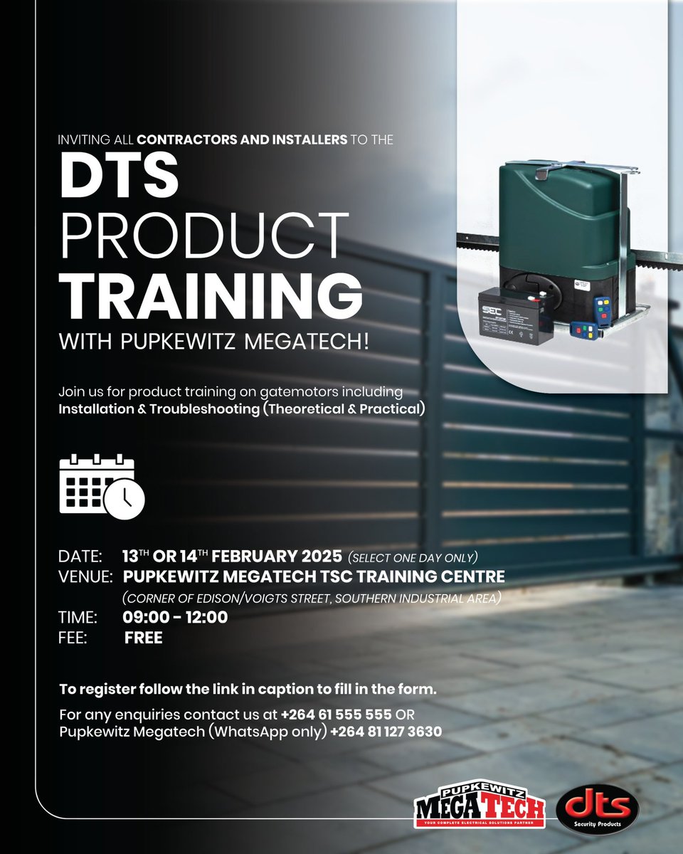 DTS Product Training with Pupkewitz Megatech

Calling all contractors, installers, re-sellers and sales persons! 📢 Join Pupkewitz Megatech for an exclusive Gatemotor Product Training session in partnership with DTS Security Products.

Learn more about the following topics:
✅