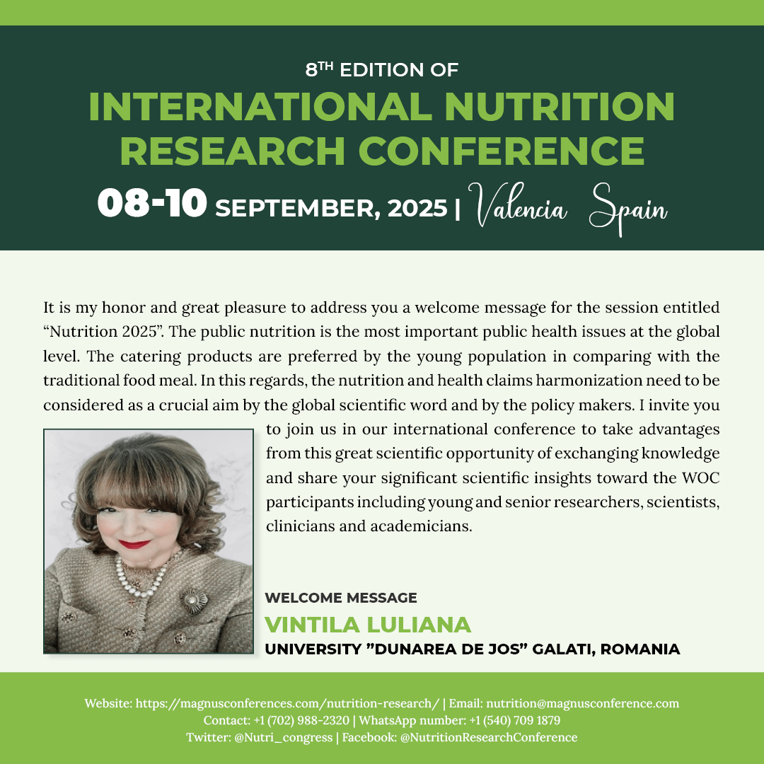 Excited to welcome #VintilaLuliana from University “Dunarea de Jos” Galati to our community! 🎉 Looking forward to their insights and contributions!
📅: September 08-10, 2025  📍: Valencia, Spain  🔗:magnusconferences.com/nutrition-rese……………  
#NutritionConferences2025