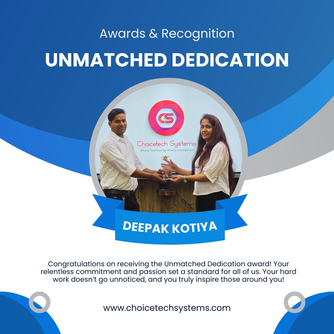 ChoicetechSyst1's tweet image. Congratulations on receiving the Unmatched Dedication award! Your relentless commitment and passion set a standard for all of us. Your hard work doesn’t go unnoticed, and you truly inspire those around you! #awards #choicetechsystems #deepak