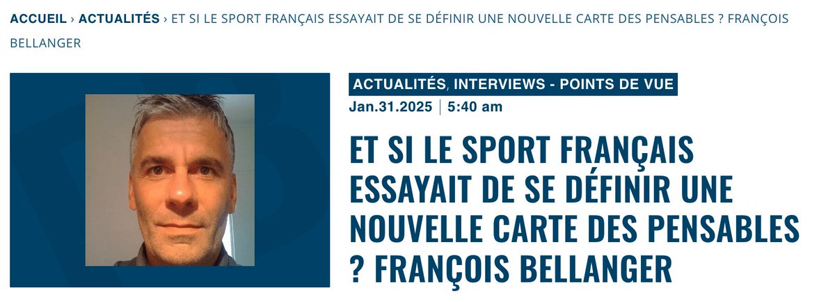 Et si le sport français essayait de se définir une nouvelle carte des pensables ? François Bellanger <a href="/transitcit/">BELLANGER/F</a> 

Pour François Bellanger, "le sport français se porte  bien, très bien même"  au niveau des pratiquants, avec des millions de Français actifs au quotidien. En