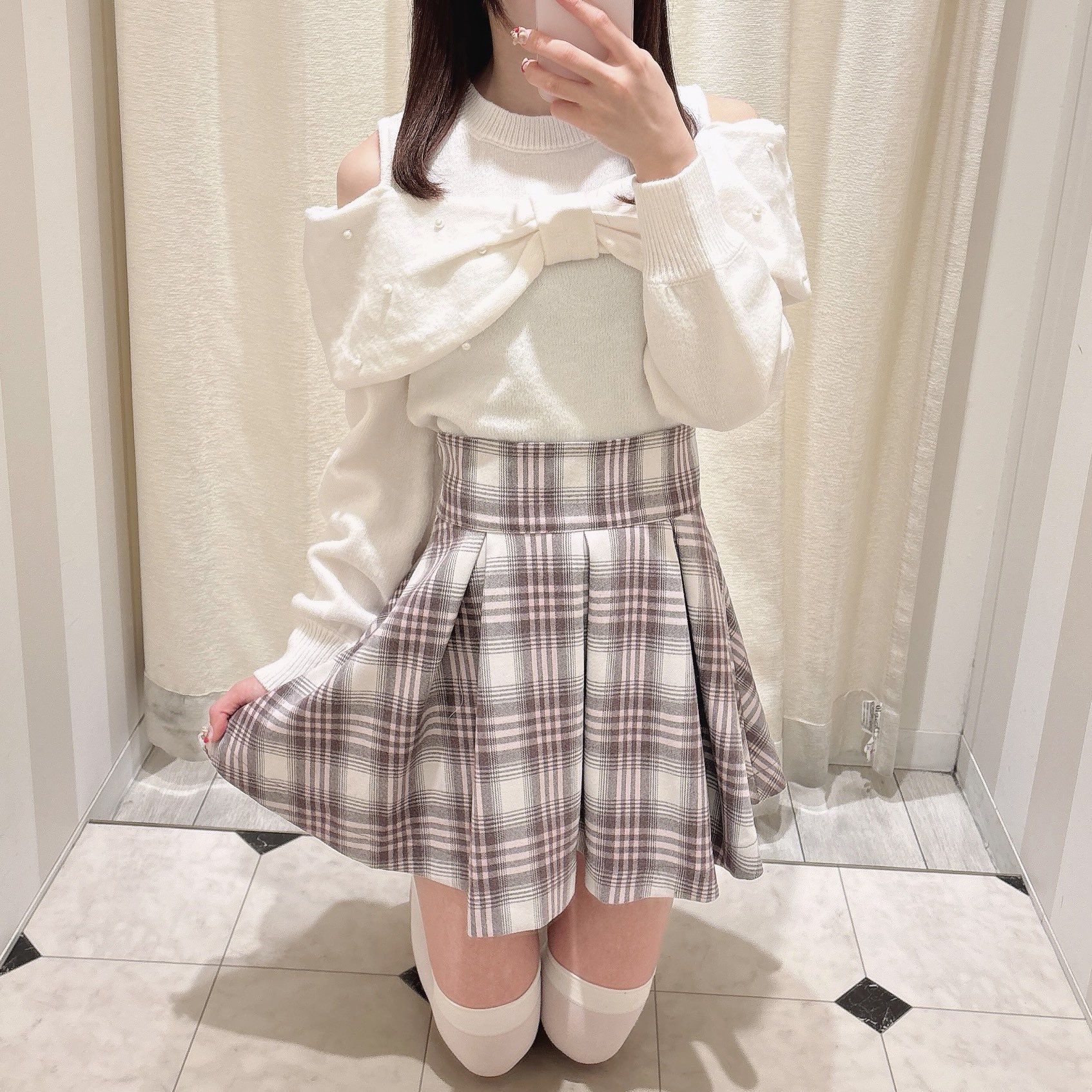 evelyn リボンオフショルミニOP リボンオフショルニットOP evelyn