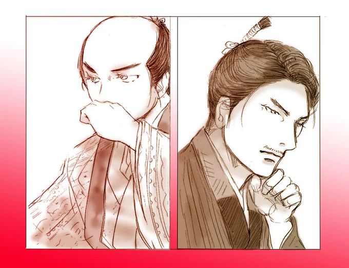 #光る君絵 #麒麟絵 テーマはバディとか。ききょう様とまひろ。晴明とすまる。麒麟信長と十兵衛。三枚目だけ再掲です。四枚目は天上から小牧長久手の戦いを見る二人。