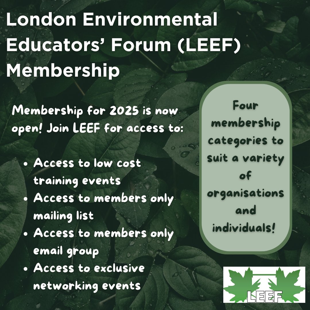 2025 Membership for LEEF is now open! Join the largest professional network of environmental educators in the capital for access to training events, networking opportunities and mailing lists to share your events far and wide. 🍃🍃

Sign up via: membermojo.co.uk/leef