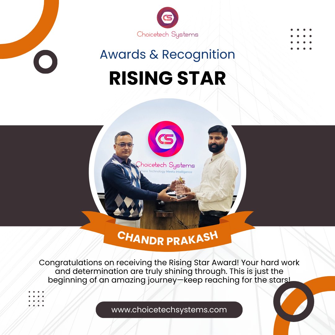 ChoicetechSyst1's tweet image. Congratulations on receiving the Rising Star Award! Your hard work and determination are truly shining through. This is just the beginning of an amazing journey—keep reaching for the stars!

#choicetechsystems #awards