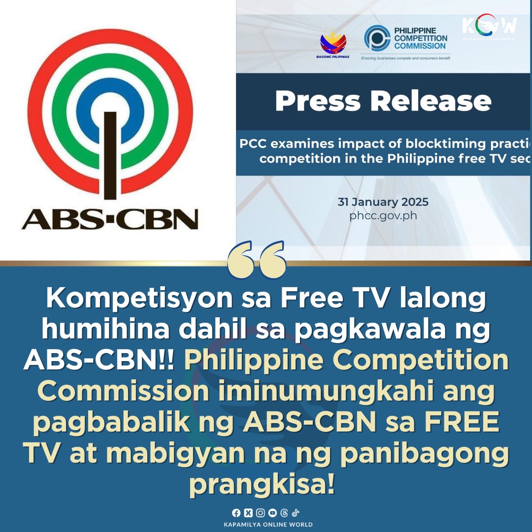 kowalerts's tweet photo. Kompetisyon sa Free TV lalong humina, Pagbabalik FREE TV ng ABS-CBN mas makabubuti ayon sa Philippine Competition Commission

Sa inilabas na Press release ng PCC o Philippine Competition Commission ay ibinahagi nila ang malaking epekto ng pagkawala ng ABS-CBN sa Free TV at ang hindi pagkakaroon ng magandang kompetisyon sa Free TV na siyang isa sa pangunahing dahilan kung bakit hindi nagiging balanse ang dapat sana’y maayos at makabuluhang kompetisyon sa entertainment industry. 

Ayon sa pag-aaral ng PCC ay nasakop na ng GMA Network ang 93% market share dahilan upang lalong humina ang kompetisyon. Ayon sa kanilang pag-aaral isa ito sa mga dahilan kung bakit patuloy na humihina ang Free TV viewership sa ating bansa.

Sa kaparehong report ay iminumungkahi ng PCC sa Gobyerno ang pagre review para sa ABS-CBN Franchise Renewal at ang pagdaragdag pa ng panibagong TV stations. Mas marami o mas malaking kompetisyon ay mas nagreresulta sa mas magandang nabubuong contents at mas maraming choices ang mga manood. 

Read the full Information of PCC report here: https://t.co/sm6tZeZQF2