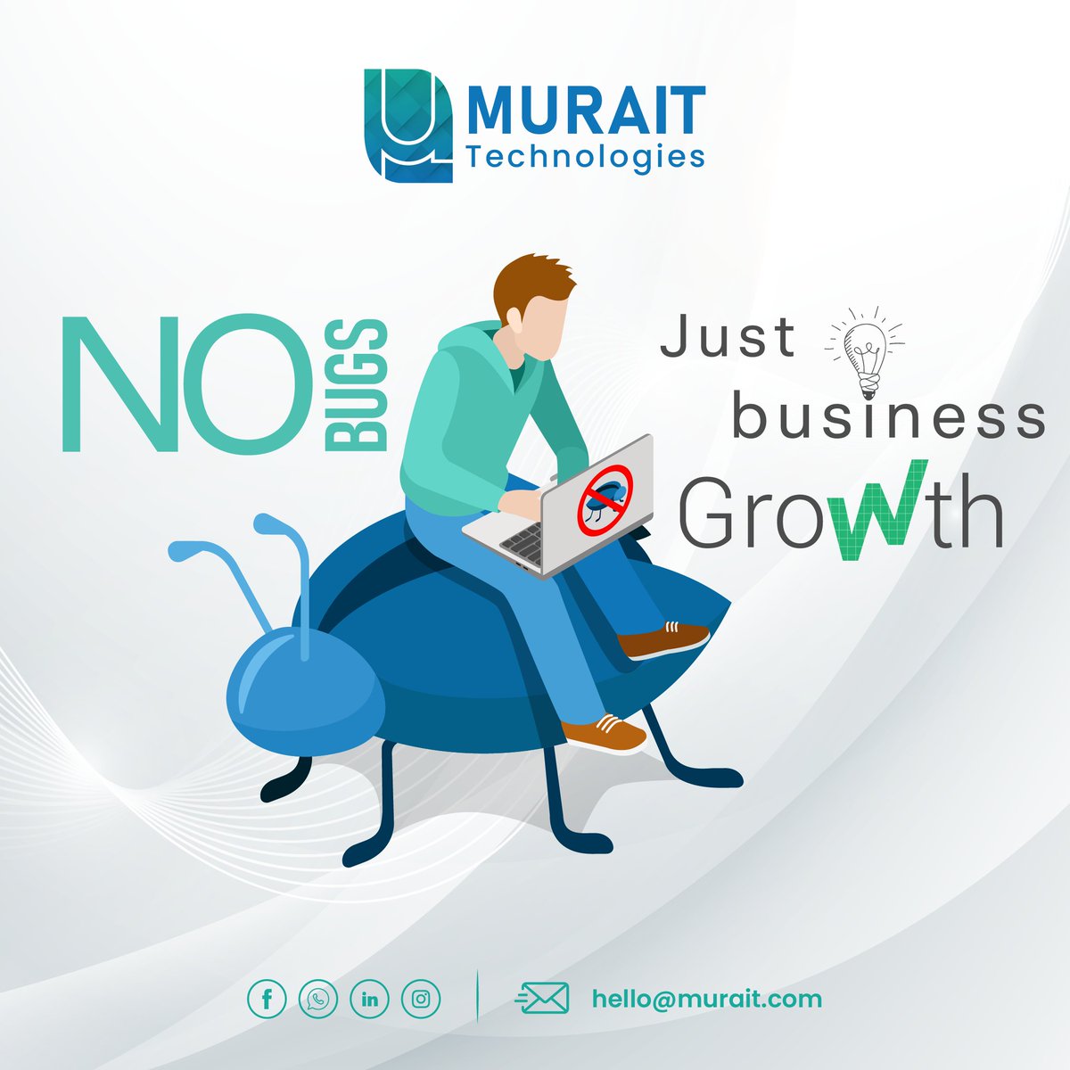 MuraitTech's tweet photo. 🚀 No Bugs, Just Business Growth! 🚀

At Murait Technologies, we ensure your software runs smoothly, so you can focus on scaling your business. Say goodbye to bugs and hello to seamless success! 💻✨

📩 hello@murait.com | Let's build something amazing together! 💡 https://t.co/hP6NlaTlH4